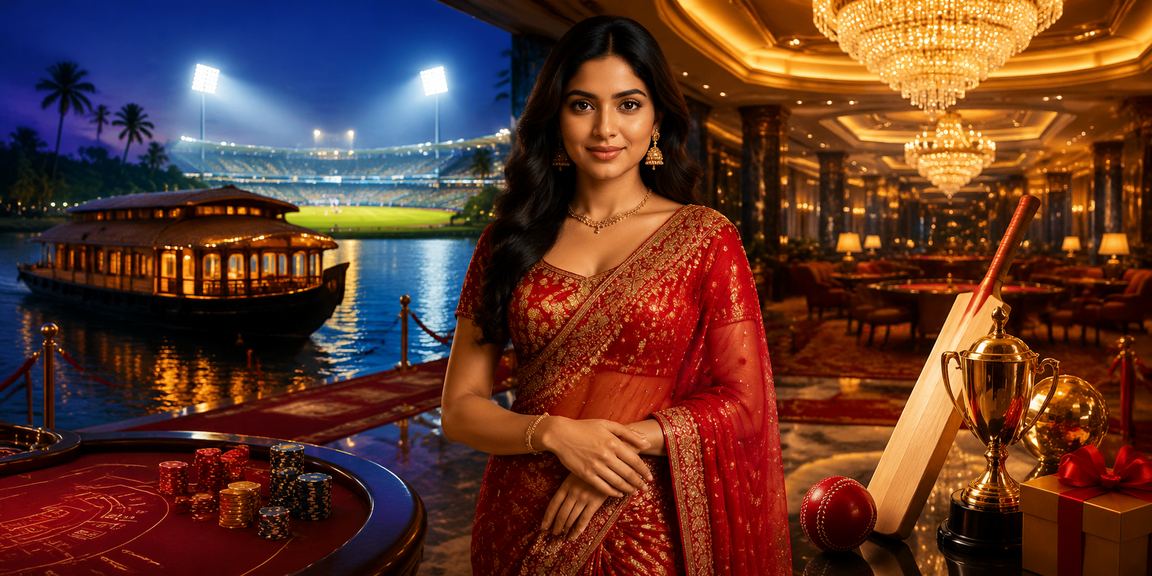 Red and gold design with Kerala backwaters and cricket betting theme